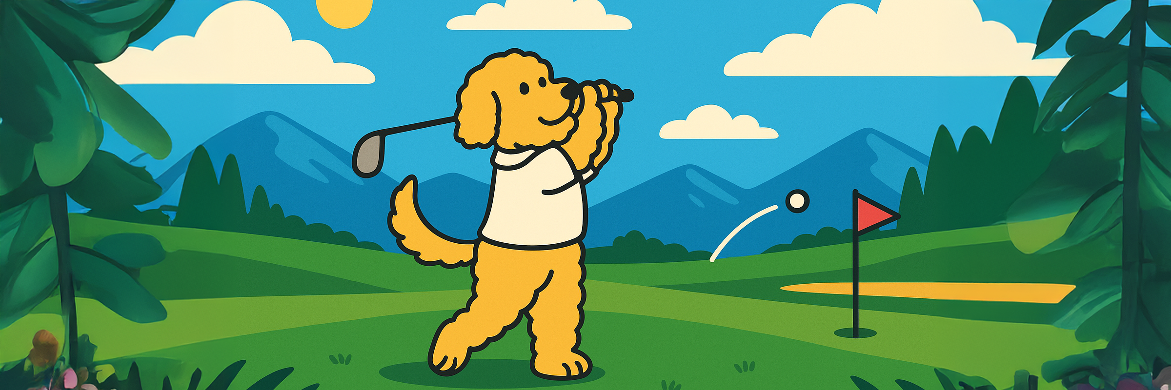 Cartoon dog playing golf on a green course with mountains and trees in the background.