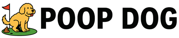 Logo of 'POOP DOG' with a cartoon dog and golf flag on a green patch.