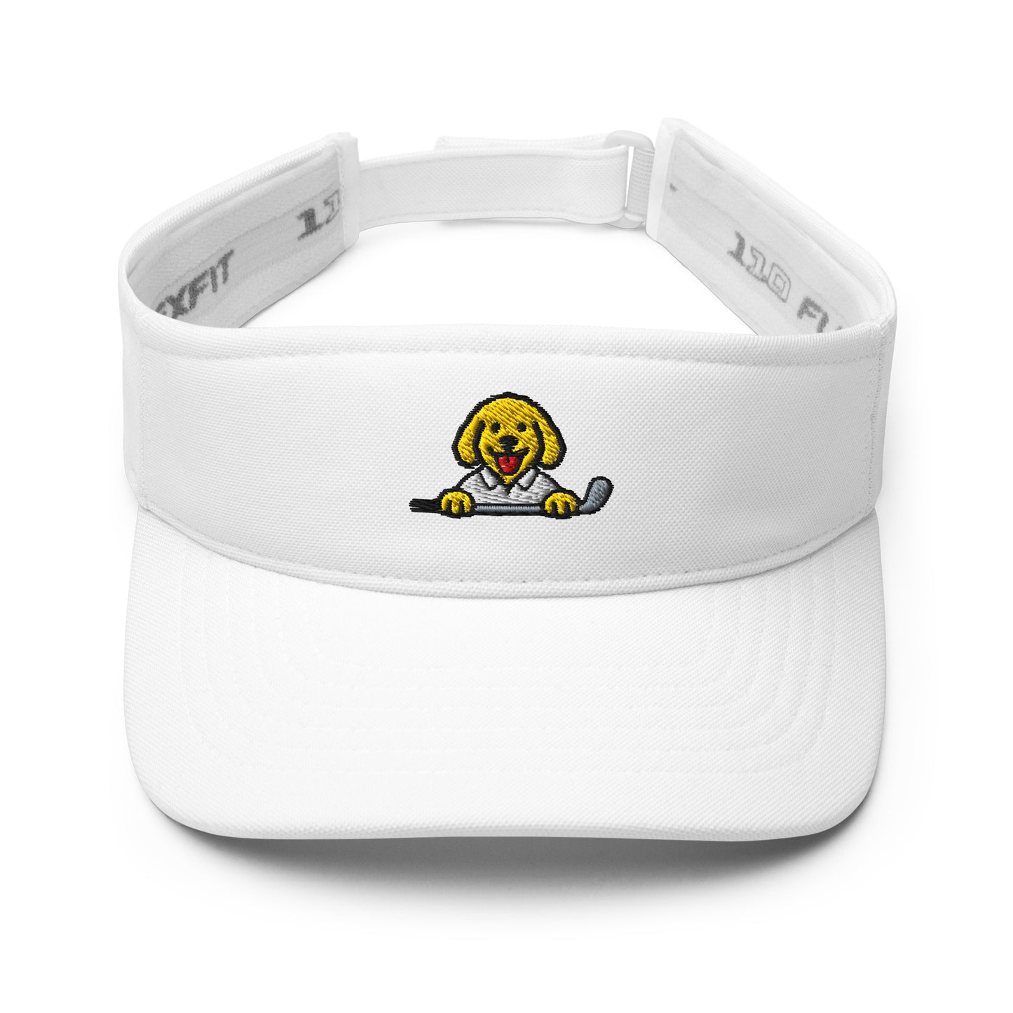 White visor with embroidered Poop Dog holding a golf club logo on a white background