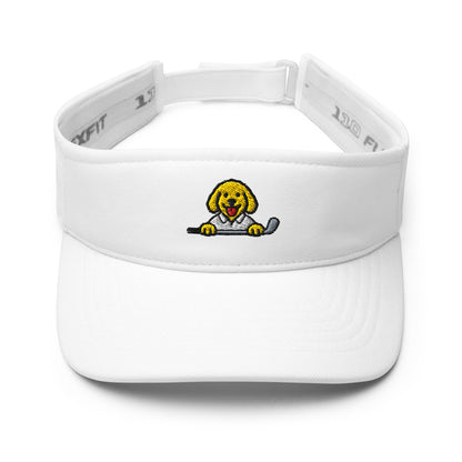 White visor with embroidered Poop Dog holding a golf club logo on a white background