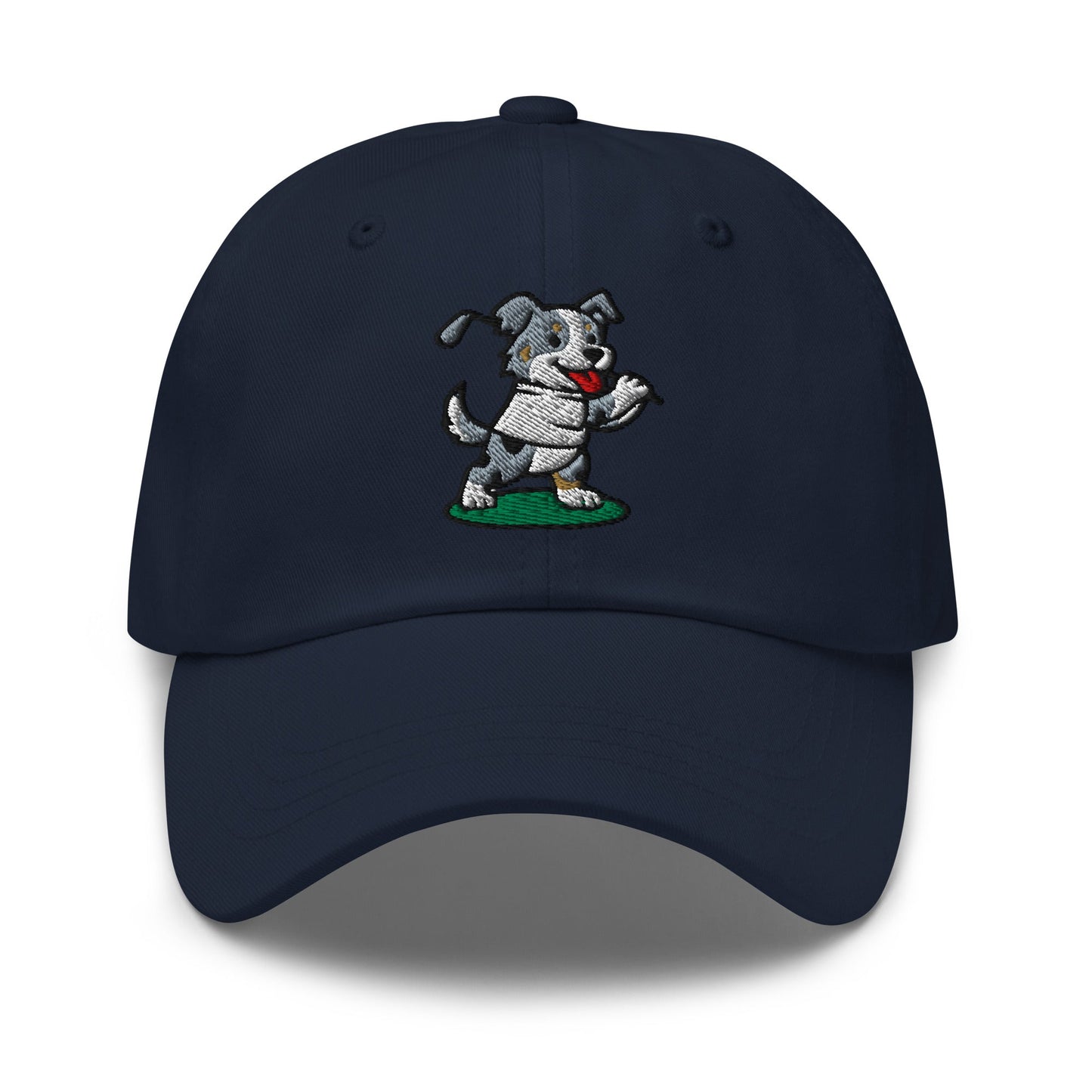 Front of Navy hat with image of Australian Shepard - Dad Hat - Poop Dog