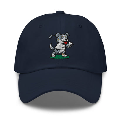 Front of Navy hat with image of Australian Shepard - Dad Hat - Poop Dog