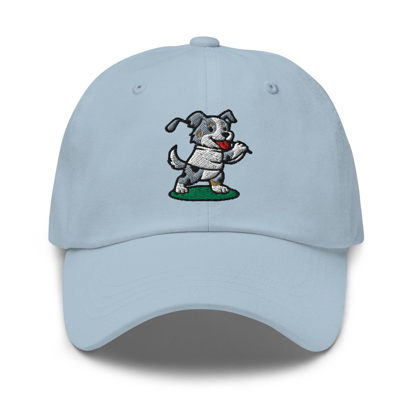 Front of Light Blue hat with image of Australian Shepard - Dad Hat - Poop Dog