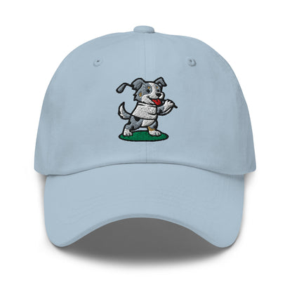 Front of Light Blue hat with image of Australian Shepard - Dad Hat - Poop Dog