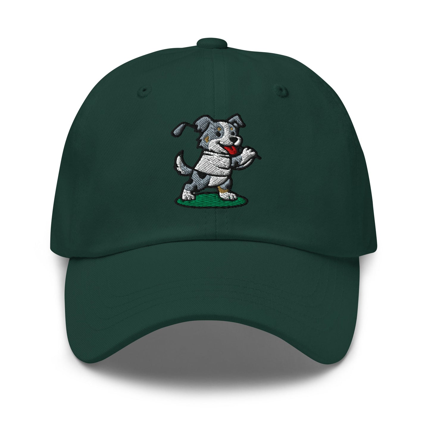 Front of Spruce hat with image of Australian Shepard - Dad Hat - Poop Dog