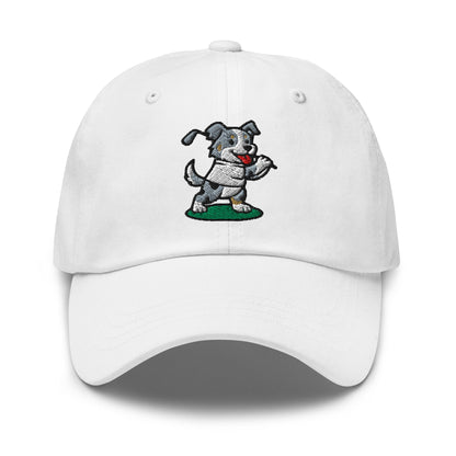 Front of White hat with image of Australian Shepard - Dad Hat - Poop Dog