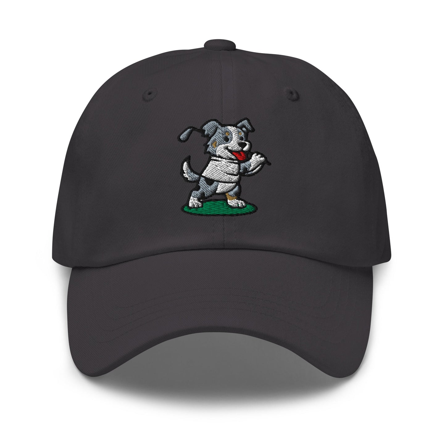 Front of Dark Grey hat with image of Australian Shepard - Dad Hat - Poop Dog