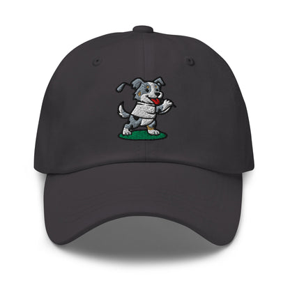 Front of Dark Grey hat with image of Australian Shepard - Dad Hat - Poop Dog