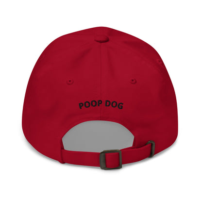 Back of Cranberry hat with Poop Dog embroidered in the middle