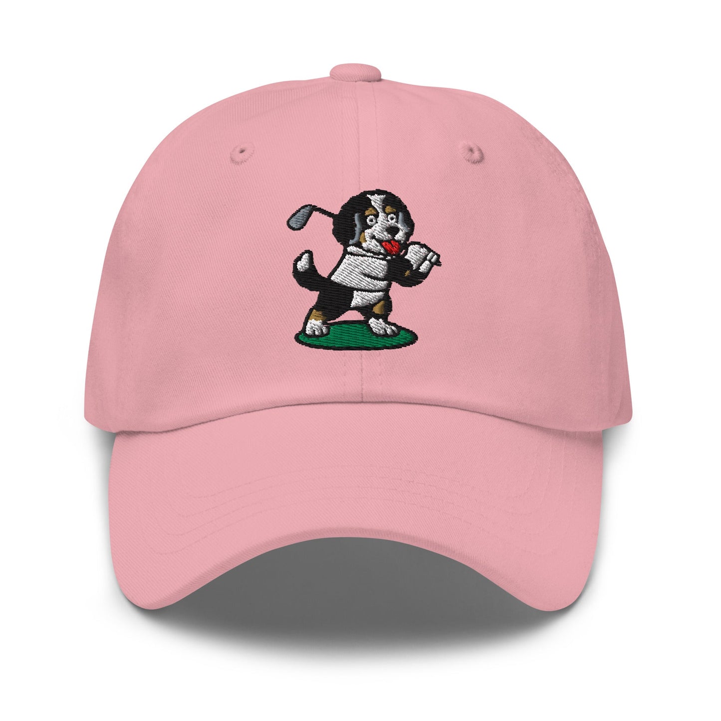 Front of Pink hat with image of Bernedoodle - Dad Hat - Poop Dog