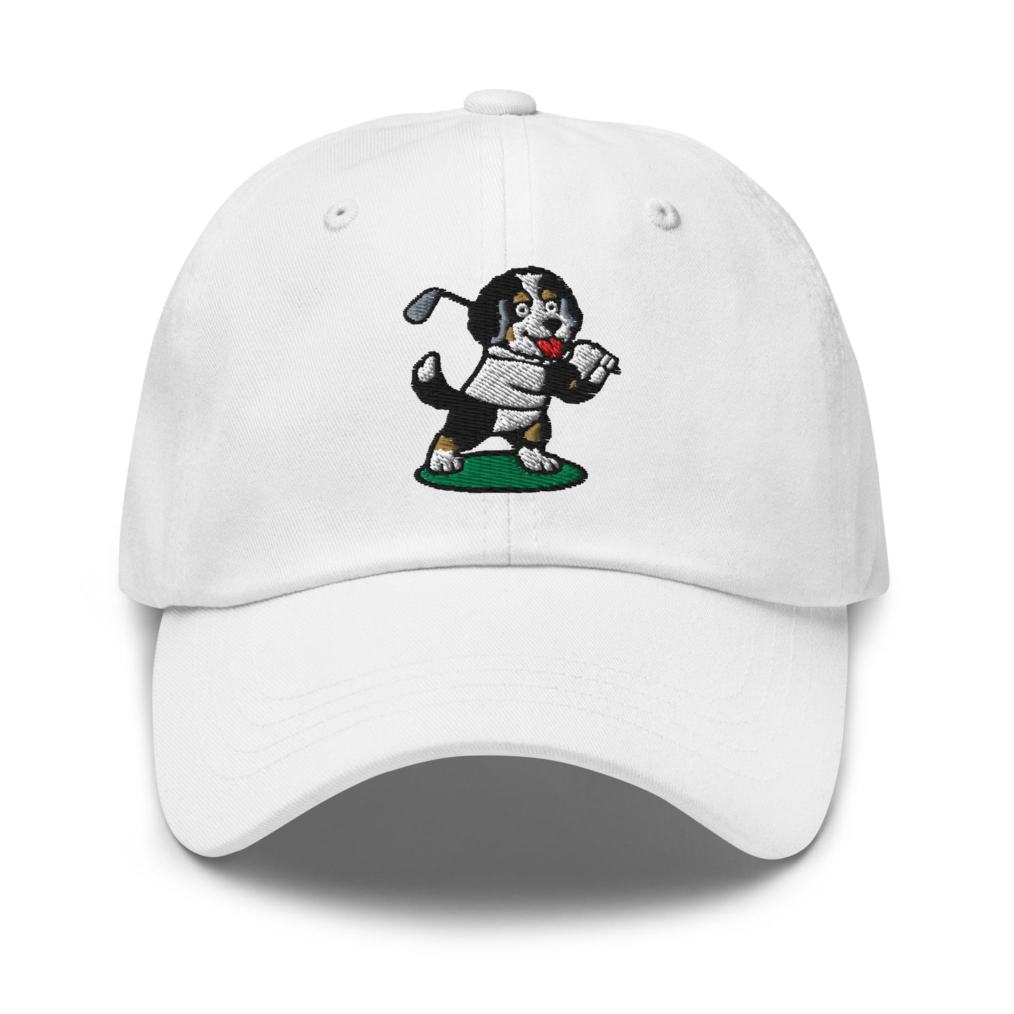 Front of White hat with image of Bernedoodle - Dad Hat - Poop Dog