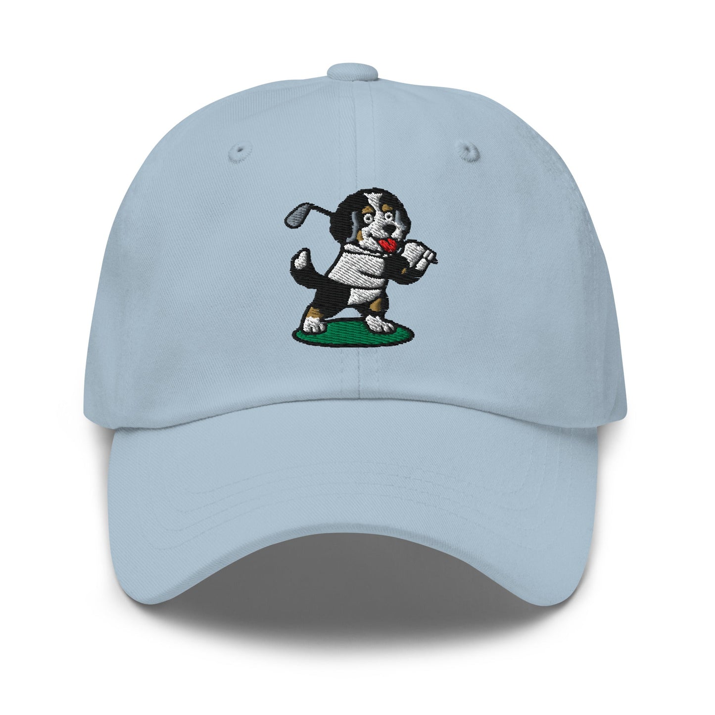 Front of Light Blue hat with image of Bernedoodle - Dad Hat - Poop Dog