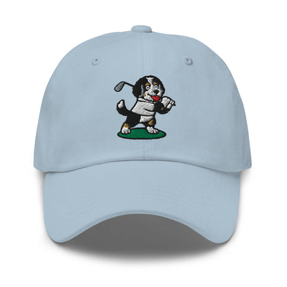 Front of Light Blue hat with image of Bernedoodle - Dad Hat - Poop Dog
