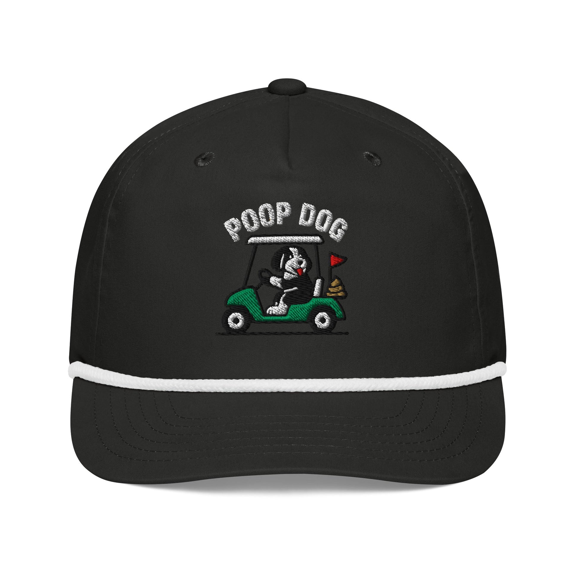 Front of Black/White hat with image of Bernedoodle - Pace of Play - Poop Dog