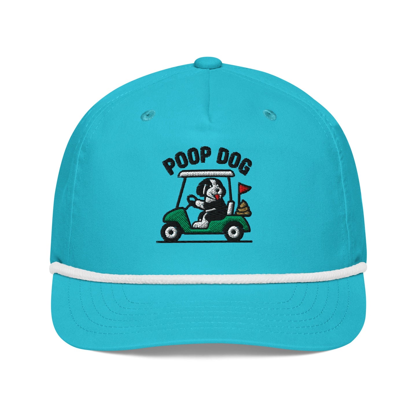Front of Turquoise/White hat with image of Bernedoodle - Pace of Play - Poop Dog