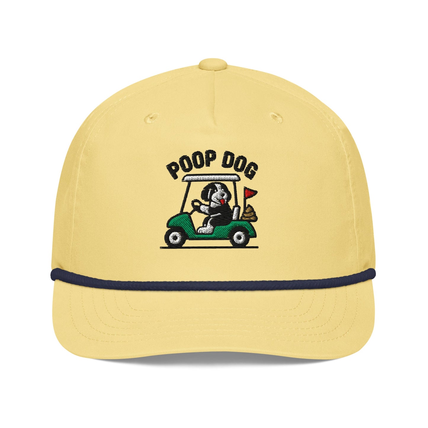 Front of Yellow/Navy hat with image of Bernedoodle - Pace of Play - Poop Dog