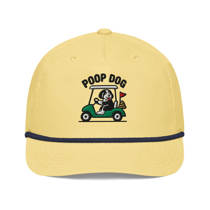 Front of Yellow/Navy hat with image of Bernedoodle - Pace of Play - Poop Dog