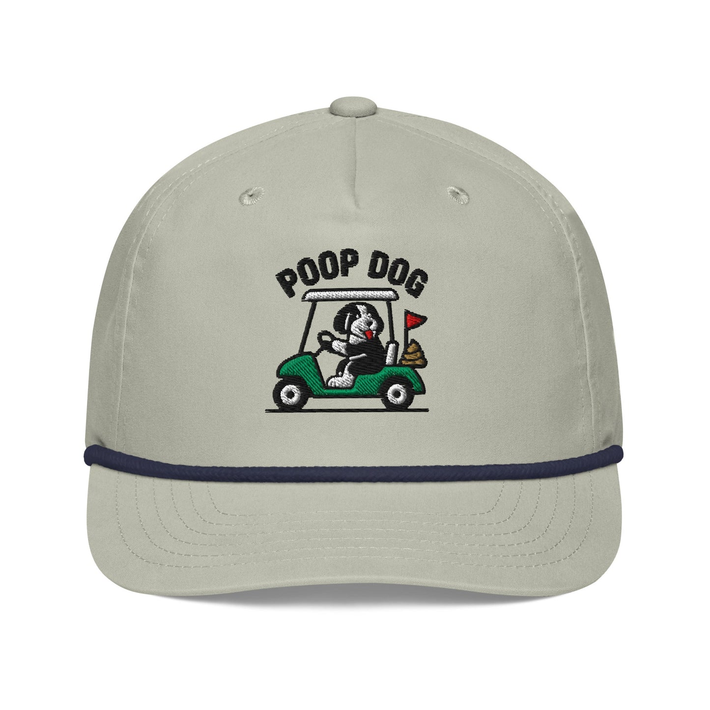 Front of Lt Gray/Navy hat with image of Bernedoodle - Pace of Play - Poop Dog
