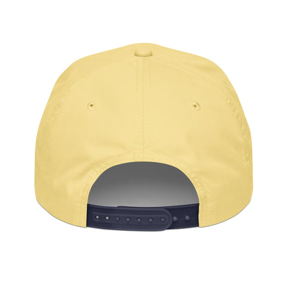 Back of Yellow/Navy hat with Poop Dog embroidered in the middle