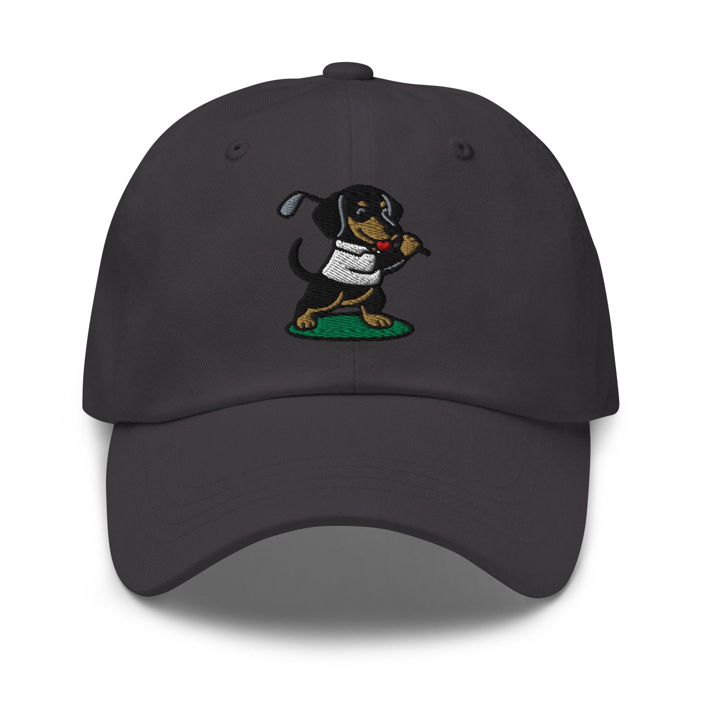 Front of Dark Grey hat with image of Dachshund - Dad Hat - Poop Dog