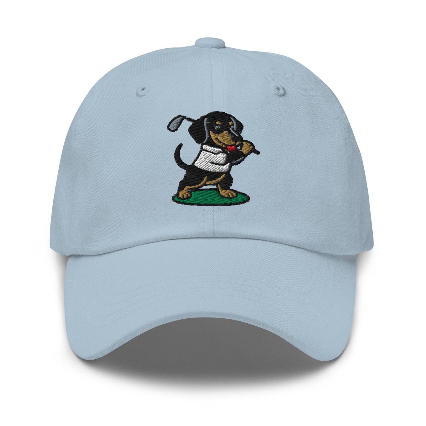 Front of Light Blue hat with image of Dachshund - Dad Hat - Poop Dog