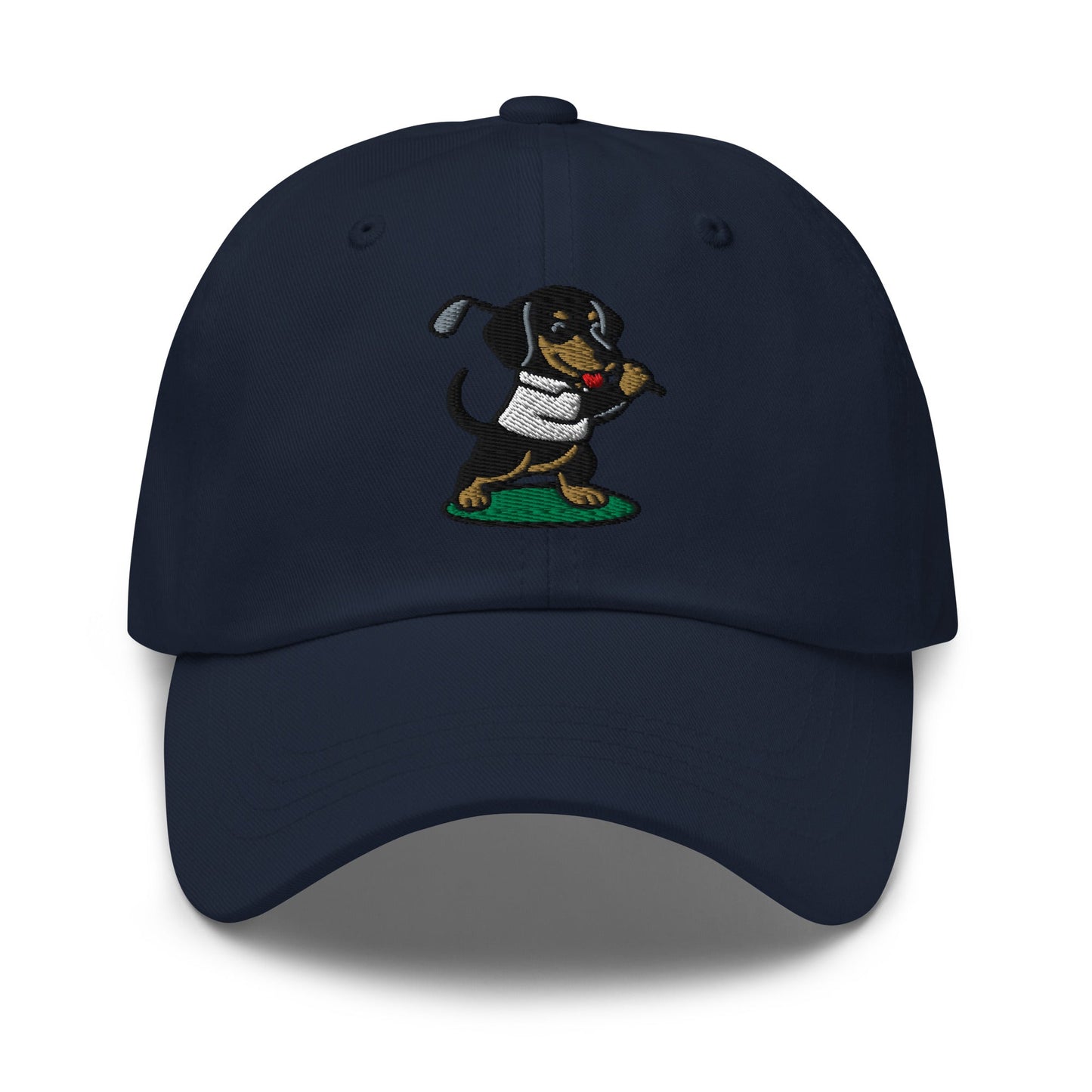 Front of Navy hat with image of Dachshund - Dad Hat - Poop Dog