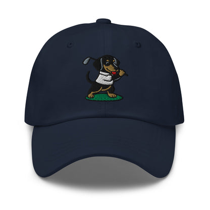 Front of Navy hat with image of Dachshund - Dad Hat - Poop Dog