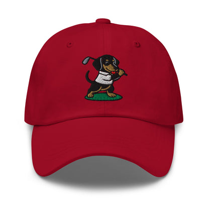Front of Cranberry hat with image of Dachshund - Dad Hat - Poop Dog