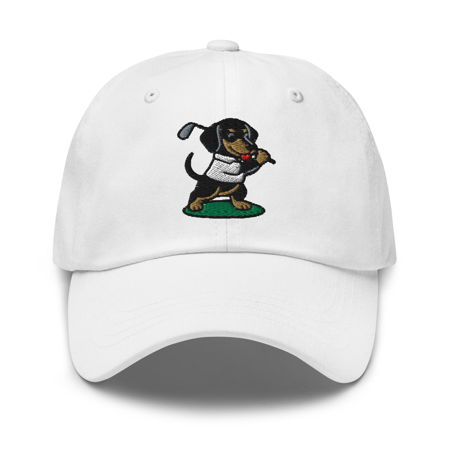 Front of White hat with image of Dachshund - Dad Hat - Poop Dog
