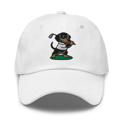 Front of White hat with image of Dachshund - Dad Hat - Poop Dog