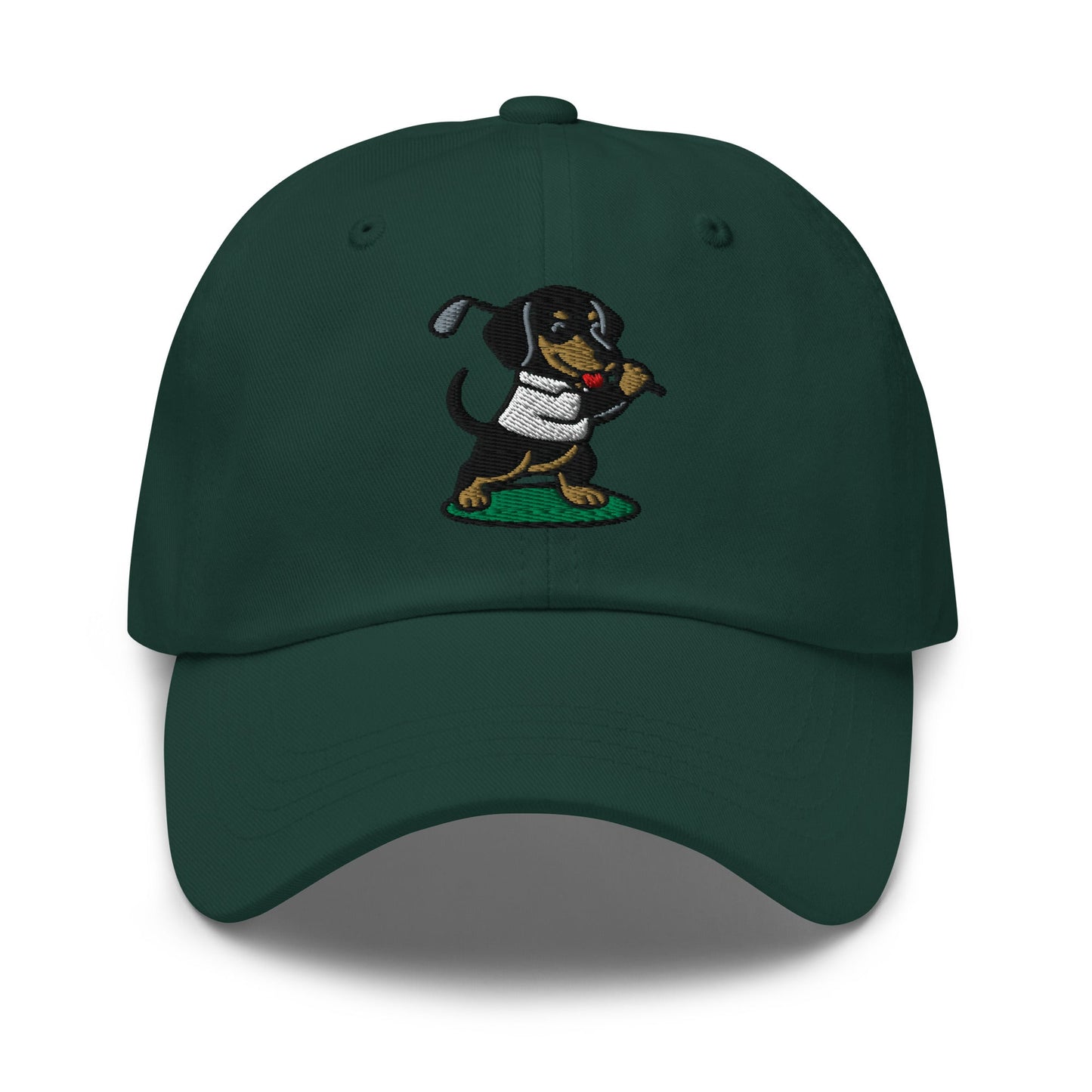 Front of Spruce hat with image of Dachshund - Dad Hat - Poop Dog