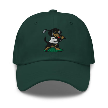 Front of Spruce hat with image of Dachshund - Dad Hat - Poop Dog