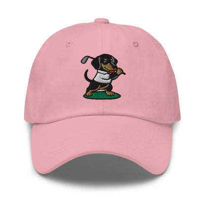 Front of Pink hat with image of Dachshund - Dad Hat - Poop Dog