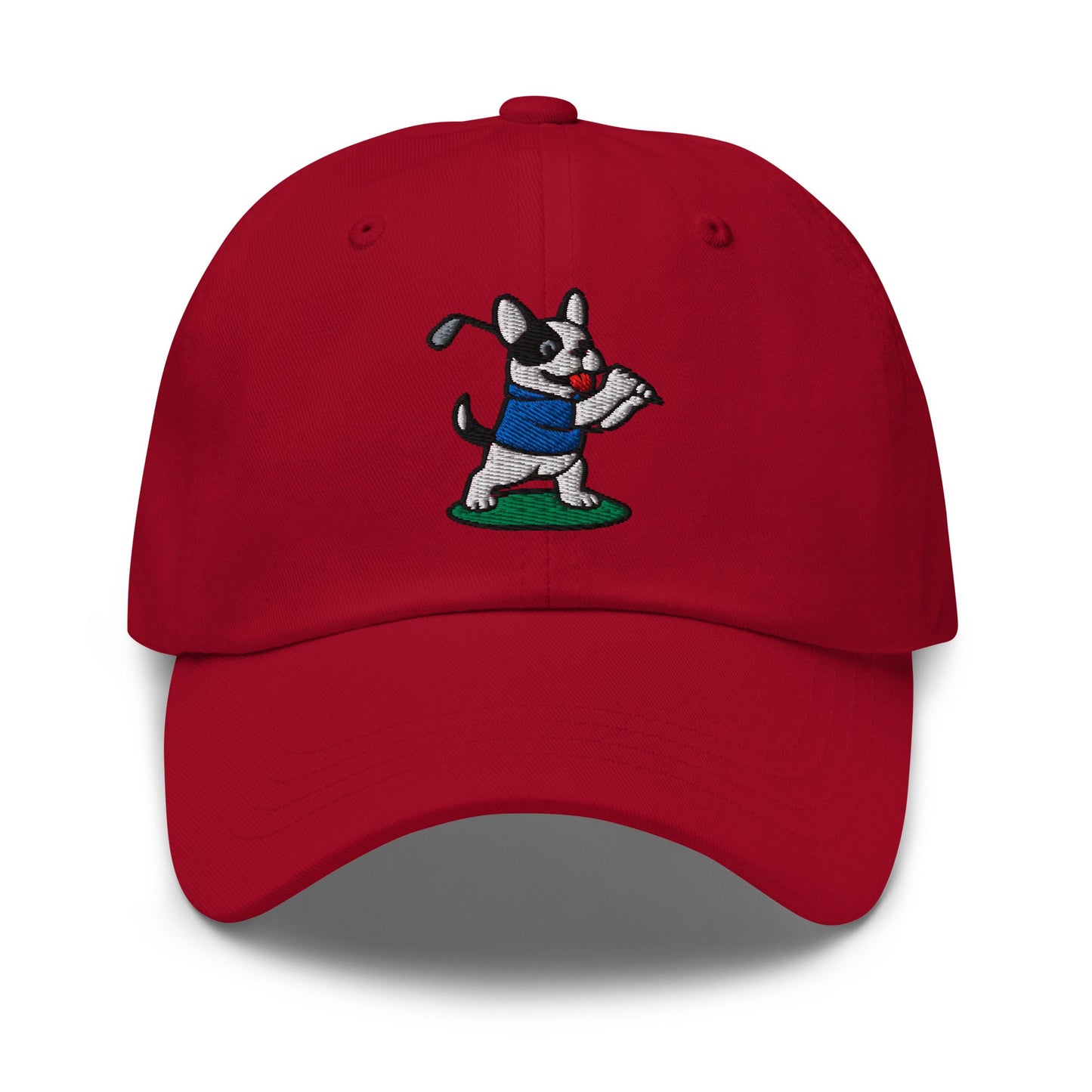 Front of Cranberry hat with image of French Bulldog - Dad Hat - Poop Dog