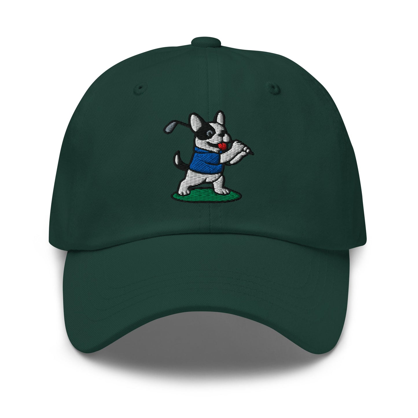 Front of Spruce hat with image of French Bulldog - Dad Hat - Poop Dog