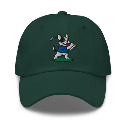 Front of Spruce hat with image of French Bulldog - Dad Hat - Poop Dog