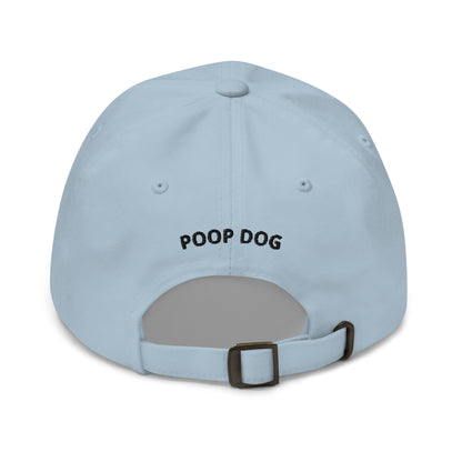 Back of Light Blue hat with Poop Dog embroidered in the middle