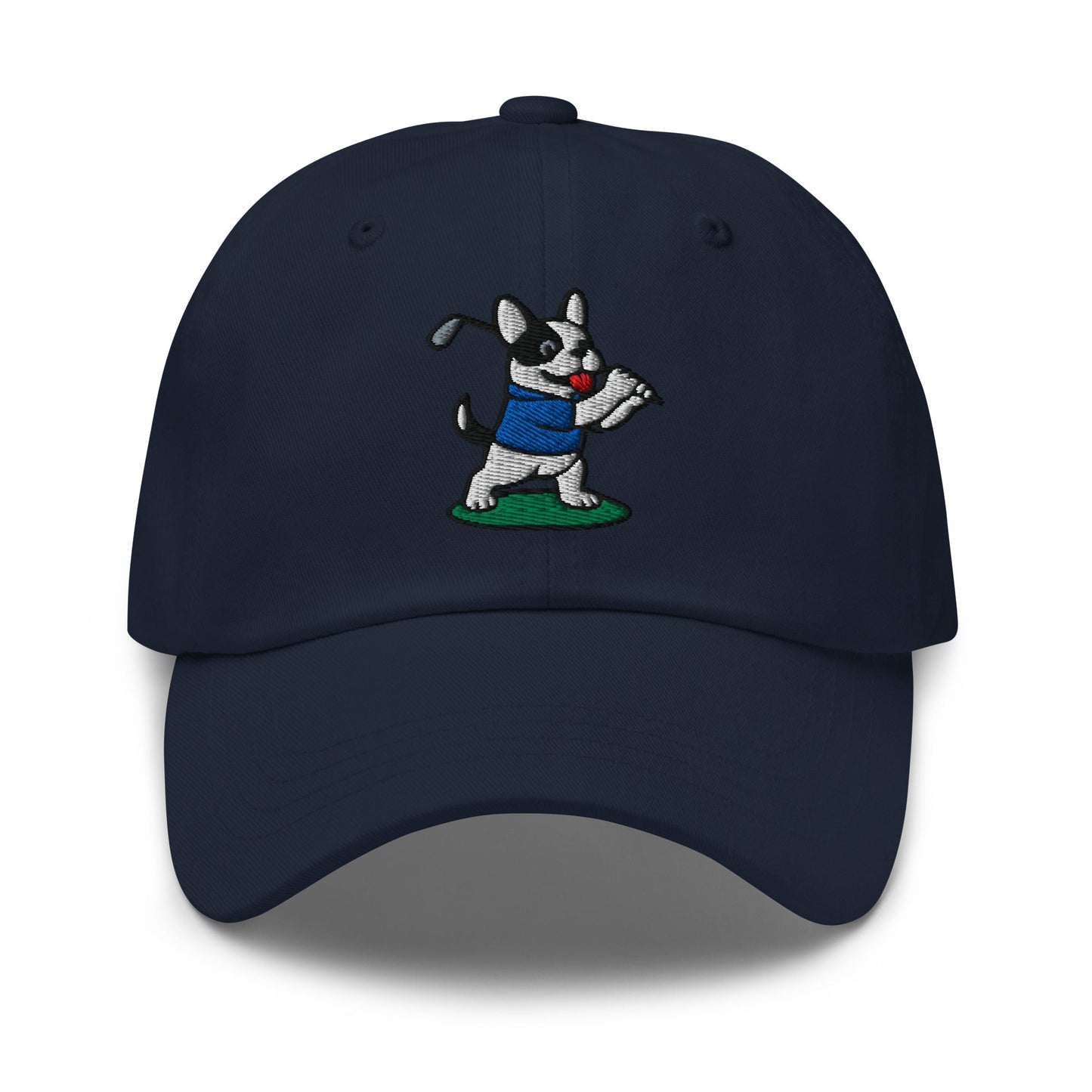 Front of Navy hat with image of French Bulldog - Dad Hat - Poop Dog