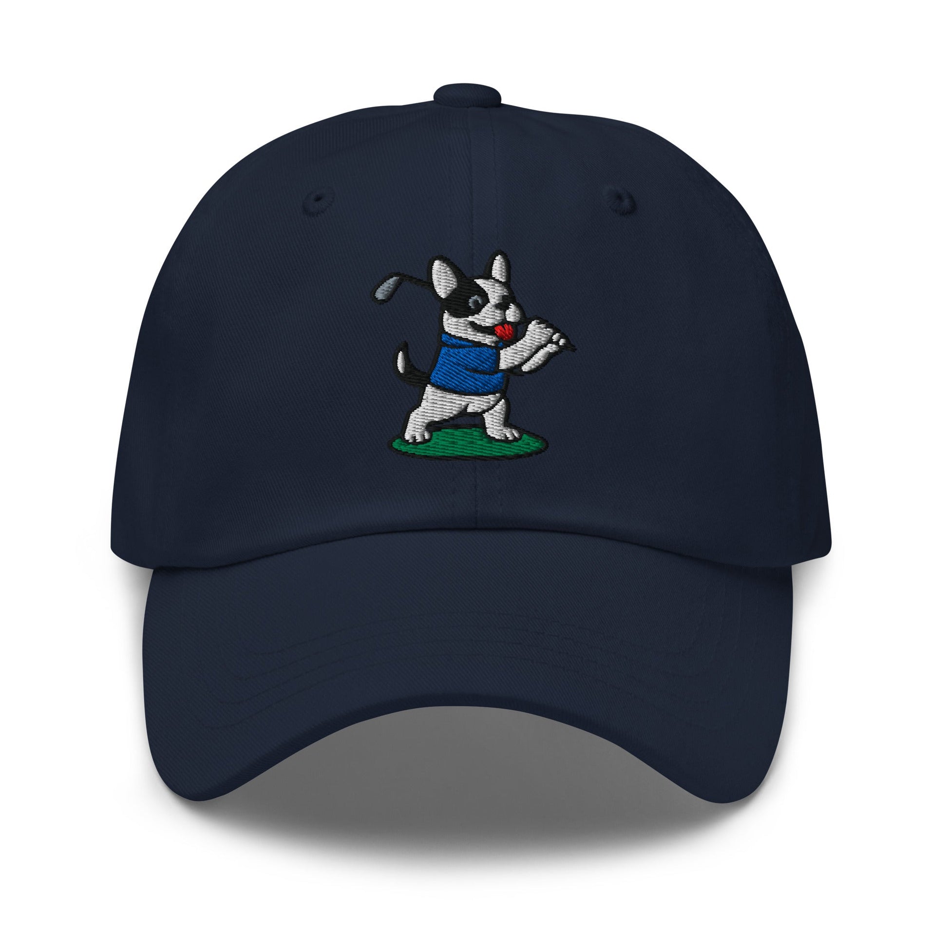 Front of Navy hat with image of French Bulldog - Dad Hat - Poop Dog