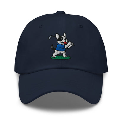Front of Navy hat with image of French Bulldog - Dad Hat - Poop Dog