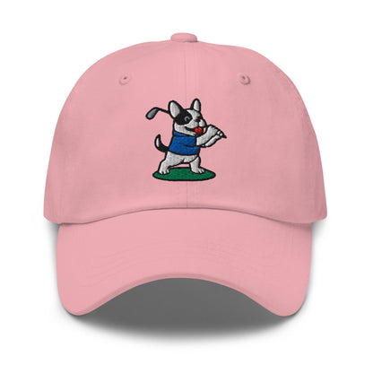 Front of Pink hat with image of French Bulldog - Dad Hat - Poop Dog