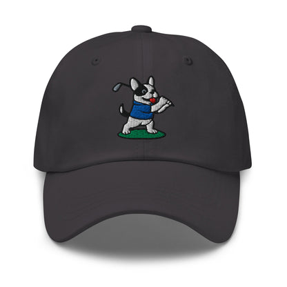 Front of Dark Grey hat with image of French Bulldog - Dad Hat - Poop Dog