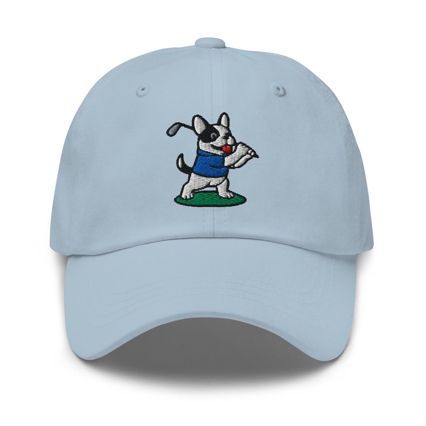 Front of Light Blue hat with image of French Bulldog - Dad Hat - Poop Dog