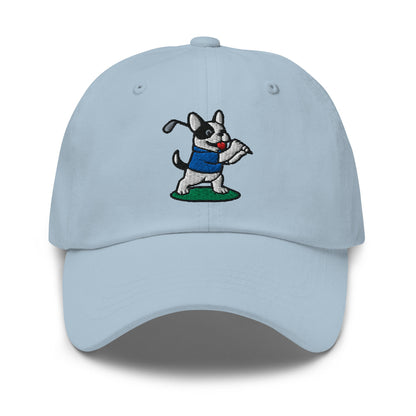 Front of Light Blue hat with image of French Bulldog - Dad Hat - Poop Dog