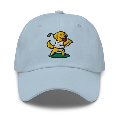 Front of Light Blue hat with image of Golden Retriever - Dad Hat - Poop Dog