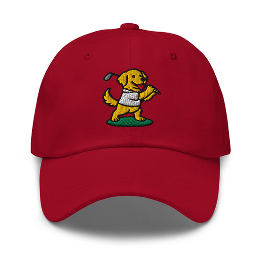 Front of Cranberry hat with image of Golden Retriever - Dad Hat - Poop Dog