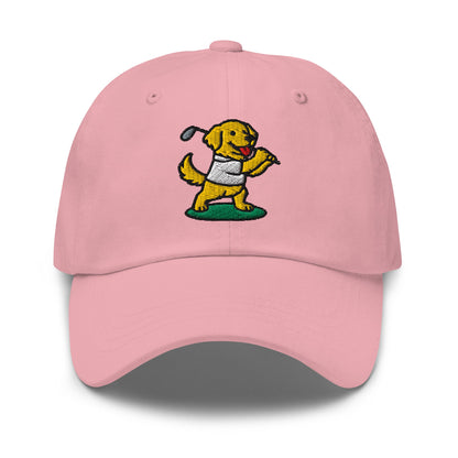 Front of Pink hat with image of Golden Retriever - Dad Hat - Poop Dog