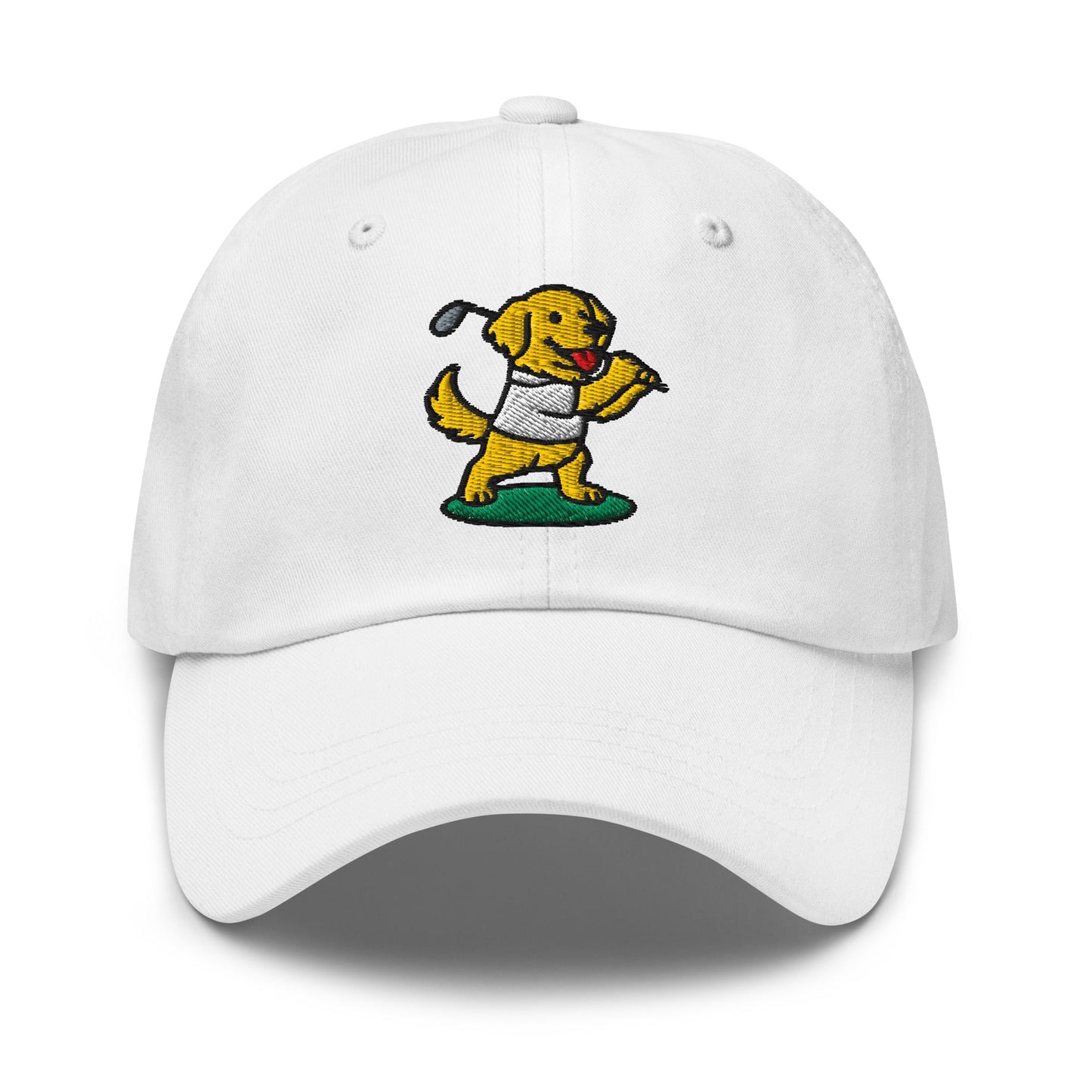 Front of White hat with image of Golden Retriever - Dad Hat - Poop Dog
