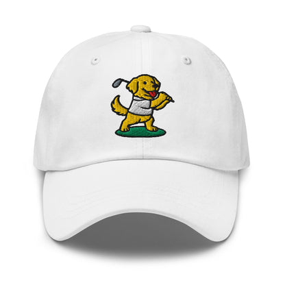 Front of White hat with image of Golden Retriever - Dad Hat - Poop Dog