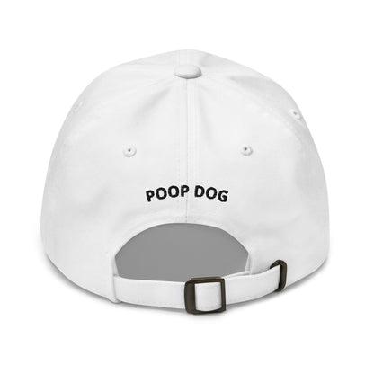 Back of Light Blue hat with Poop Dog text in the middle